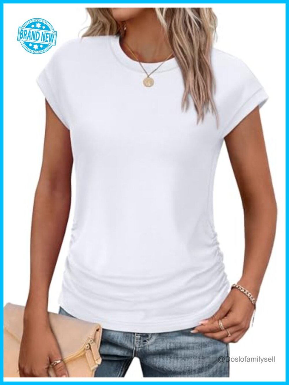 Women's Ruched Cap Sleeve Crew Neck Summer T-Shirt Loose Fit Casual Top